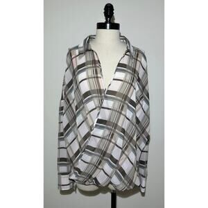 VINCE CAMUTO Brown Plaid Polyester Collared Blouse Top Career Shirt Womens L